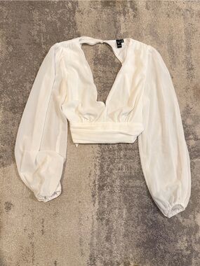 Windsor White V-Neck Long Sleeve Crop Blouse